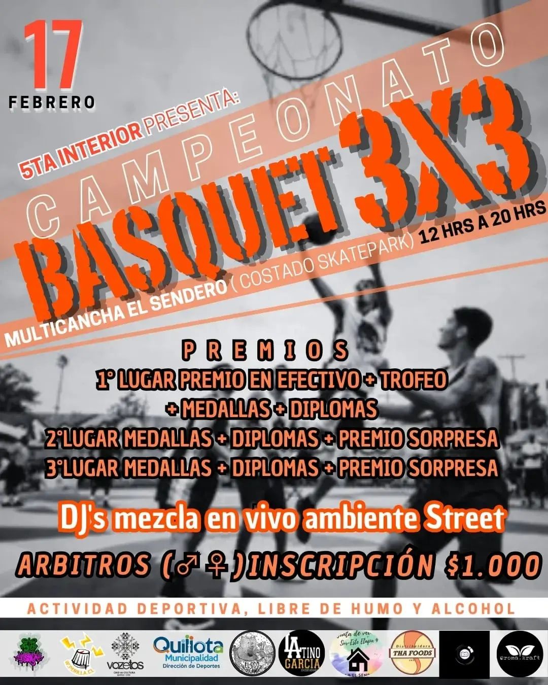 El sábado 17 de febrero se realizará evento Básquetbol 3 x 3 y música en multicancha Población El Sendero.