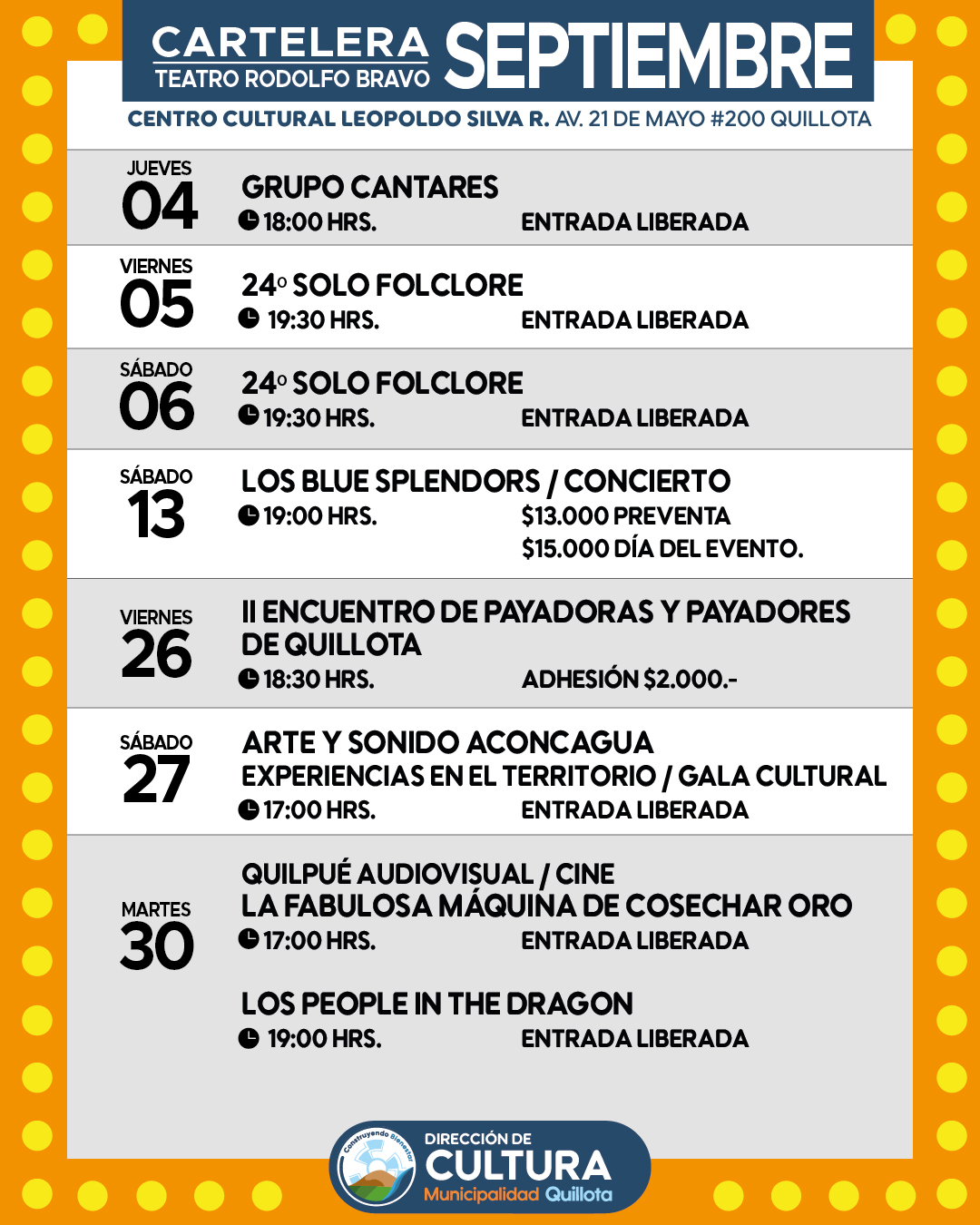 ¡Ven al Centro Cultural a pasar un septiembre lleno de música, danza, tradición y cine chileno!