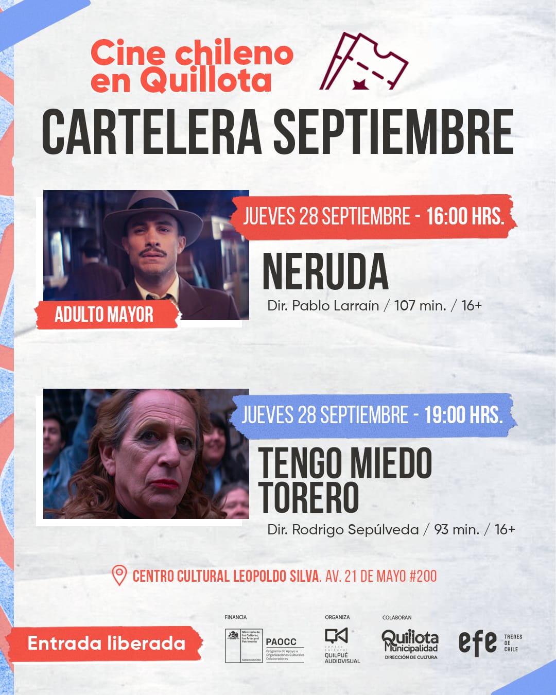 “Neruda” y “Tengo miedo torero” se exhibirán gratuitamente en el Centro Cultural