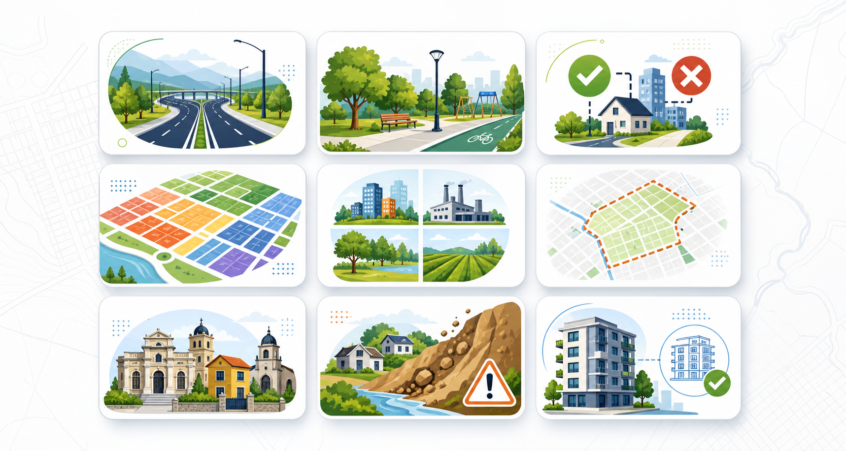 Infografía ilustrada sobre materias reguladas por el Plan Regulador Comunal
